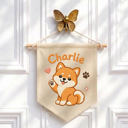 Personalized Embroidered Shiba Inu Banner, Custom Name Nursery Decor