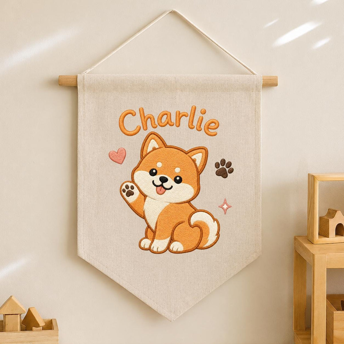 Personalized Embroidered Shiba Inu Banner, Custom Name Nursery Decor