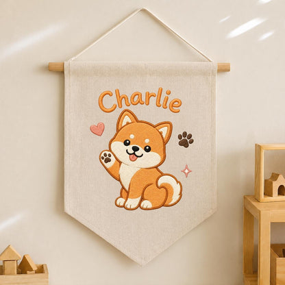 Personalized Embroidered Shiba Inu Banner, Custom Name Nursery Decor