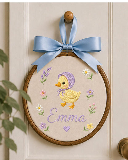 Personalized Duck Embroidery Hoop, Custom Baby Name Ornament, Floral Nursery Wall Decor, Baby Girl Room Decor, Newborn Keepsake Gift