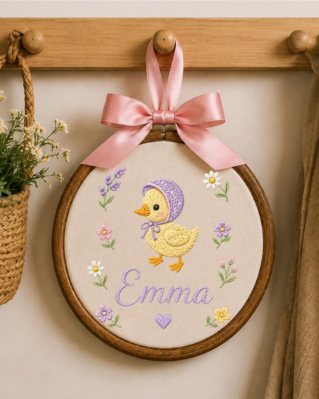 Personalized Duck Embroidery Hoop, Custom Baby Name Ornament, Floral Nursery Wall Decor, Baby Girl Room Decor, Newborn Keepsake Gift