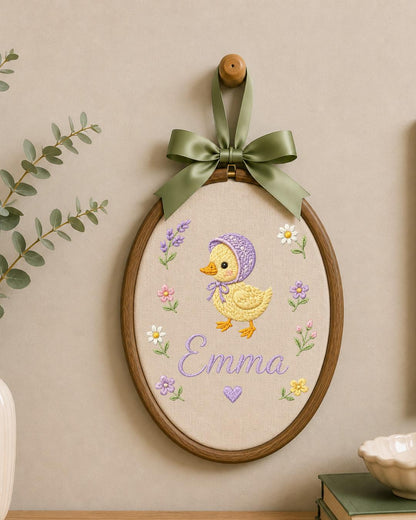 Personalized Duck Embroidery Hoop, Custom Baby Name Ornament, Floral Nursery Wall Decor, Baby Girl Room Decor, Newborn Keepsake Gift