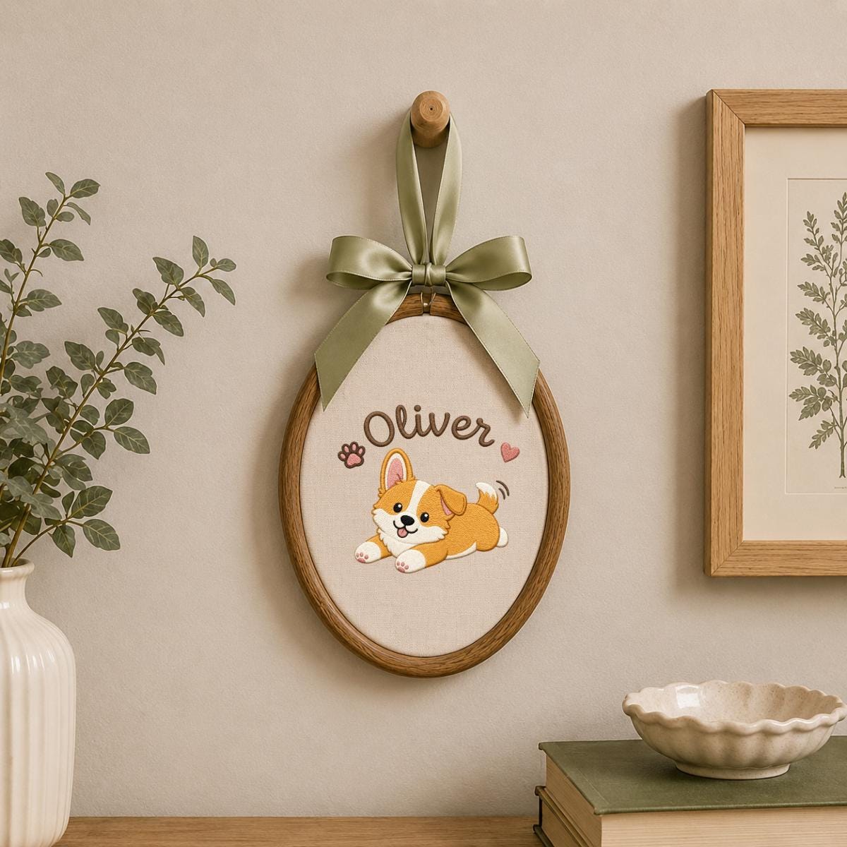 Personalized Corgi Puppy Embroidered Hoop Art, Custom Name Banner, Nursery Decor