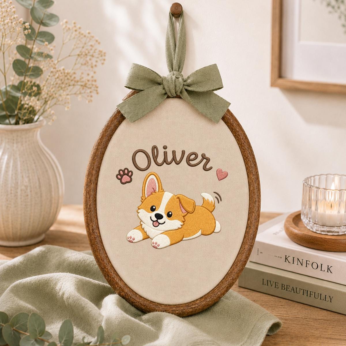 Personalized Corgi Puppy Embroidered Hoop Art, Custom Name Banner, Nursery Decor