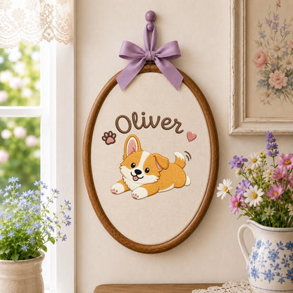 Personalized Corgi Puppy Embroidered Hoop Art, Custom Name Banner, Nursery Decor