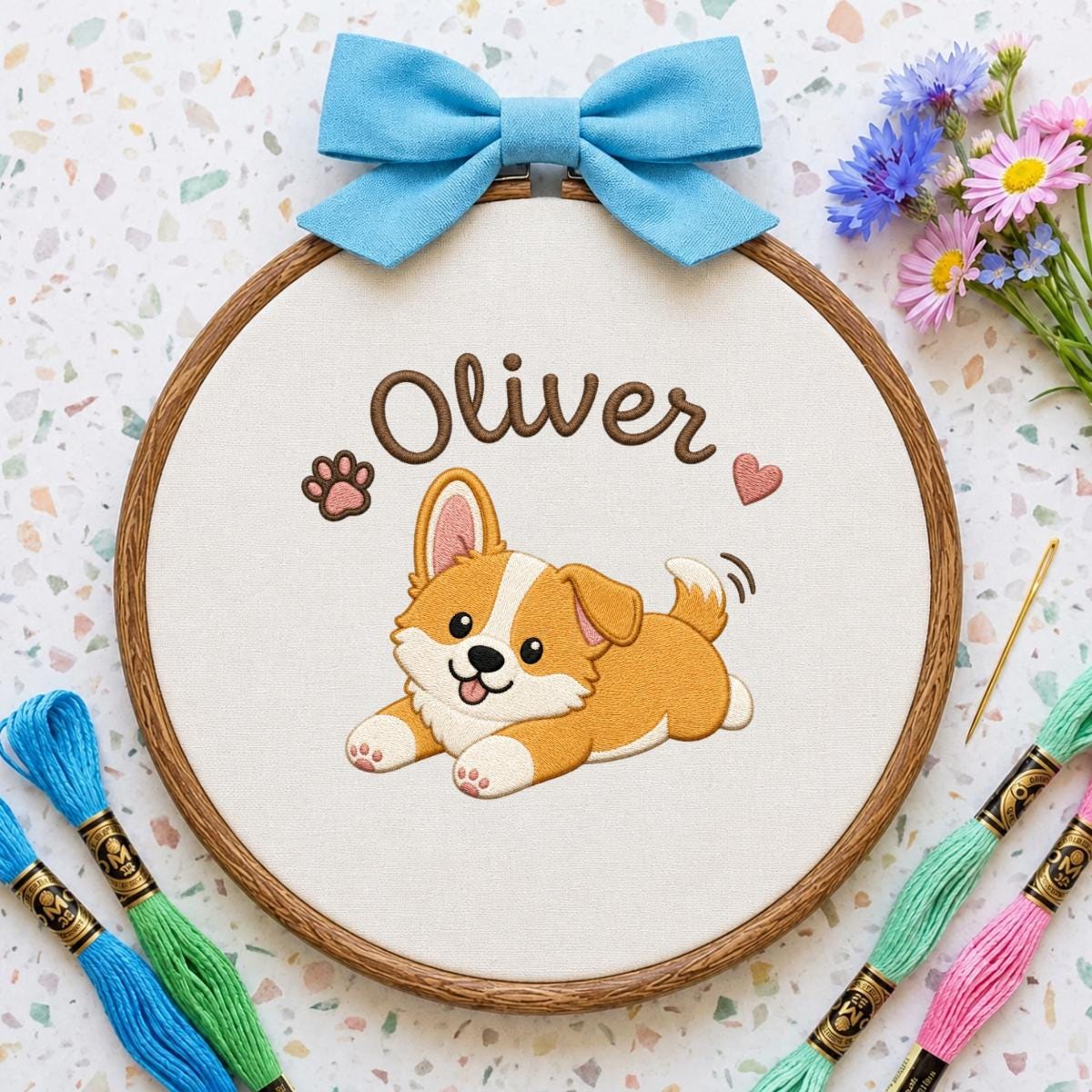 Personalized Corgi Puppy Embroidered Hoop Art, Custom Name Banner, Nursery Decor