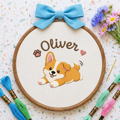 Personalized Corgi Puppy Embroidered Hoop Art, Custom Name Banner, Nursery Decor