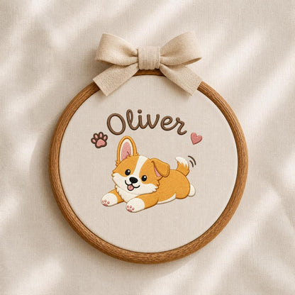 Personalized Corgi Puppy Embroidered Hoop Art, Custom Name Banner, Nursery Decor