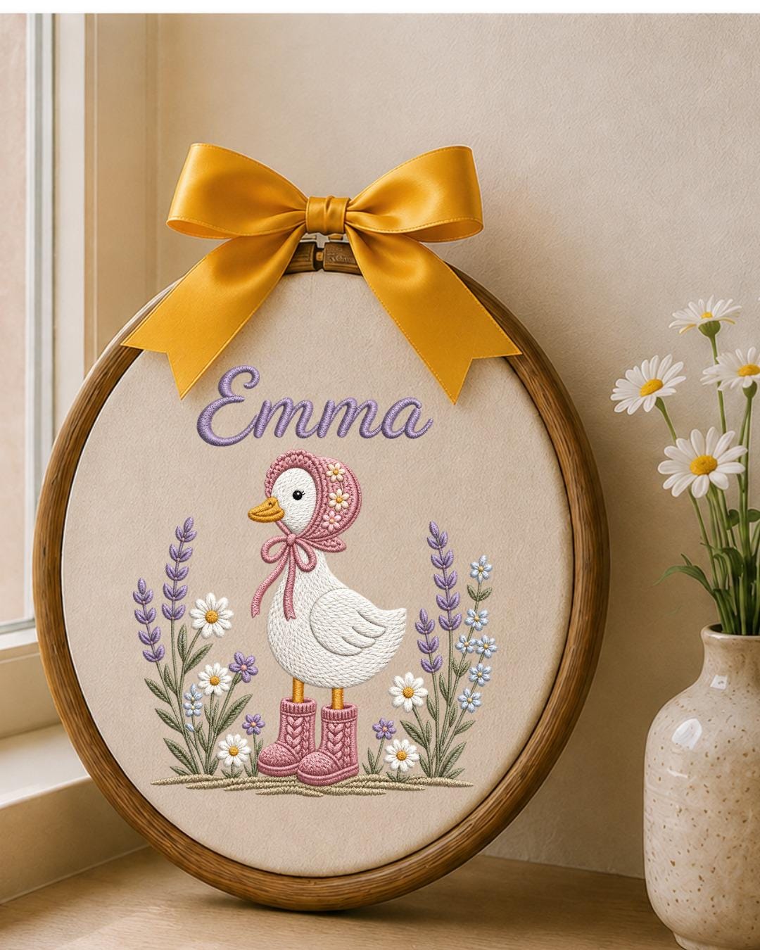 Personalized Goose Embroidery Hoop, Custom Baby Name Ornament, Floral Nursery Wall Decor, Baby Girl Room Decor, Newborn Keepsake Gift