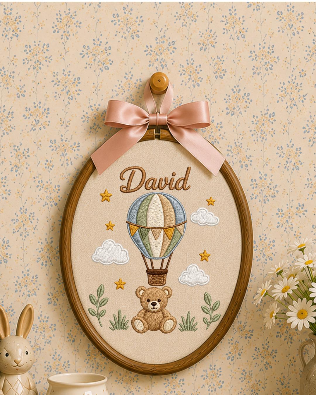 Personalized Teddy Bear Embroidery Hoop, Custom Baby Name Ornament, Hot Air Balloon Nursery Decor, Baby Boy Room Sign, Newborn Keepsake Gift