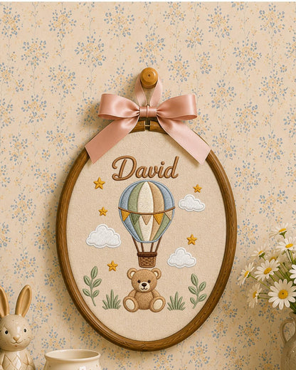Personalized Teddy Bear Embroidery Hoop, Custom Baby Name Ornament, Hot Air Balloon Nursery Decor, Baby Boy Room Sign, Newborn Keepsake Gift