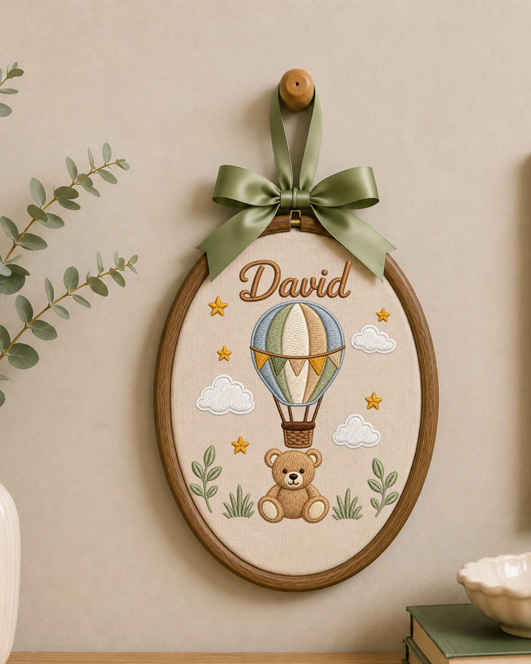 Personalized Teddy Bear Embroidery Hoop, Custom Baby Name Ornament, Hot Air Balloon Nursery Decor, Baby Boy Room Sign, Newborn Keepsake Gift