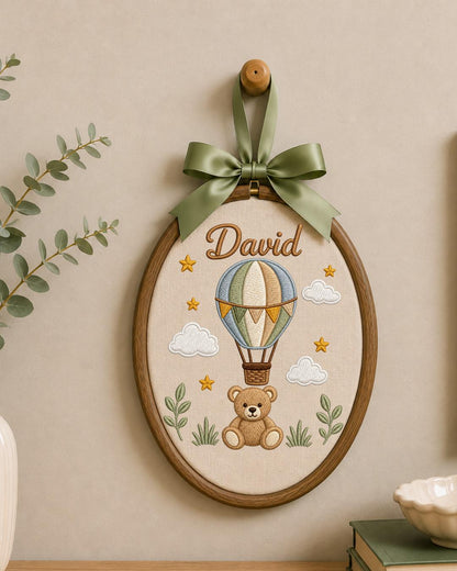 Personalized Teddy Bear Embroidery Hoop, Custom Baby Name Ornament, Hot Air Balloon Nursery Decor, Baby Boy Room Sign, Newborn Keepsake Gift