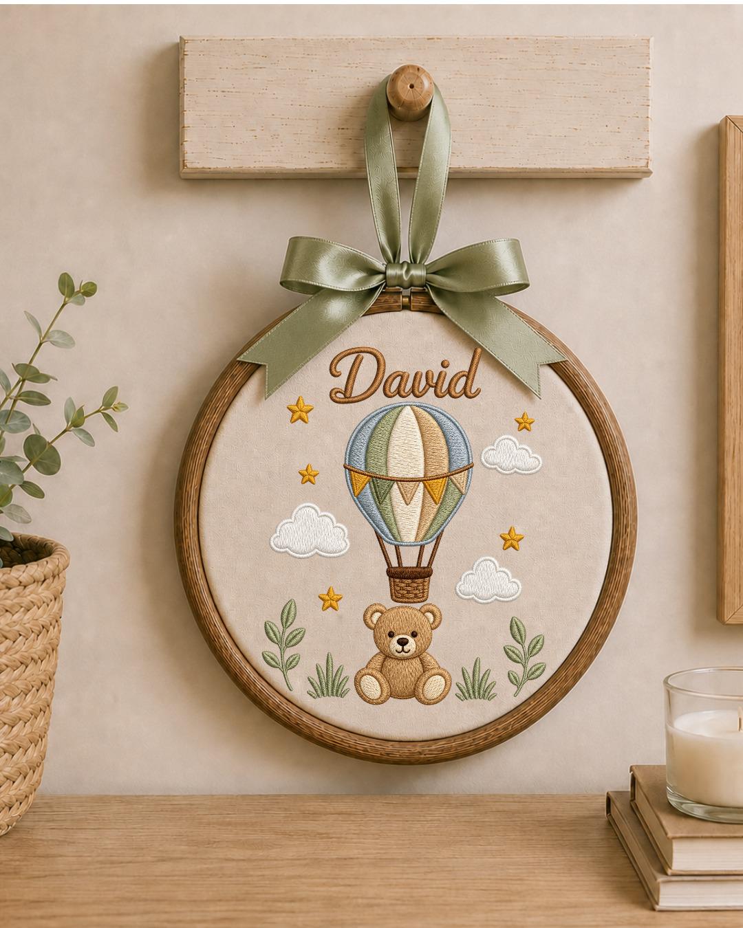 Personalized Teddy Bear Embroidery Hoop, Custom Baby Name Ornament, Hot Air Balloon Nursery Decor, Baby Boy Room Sign, Newborn Keepsake Gift