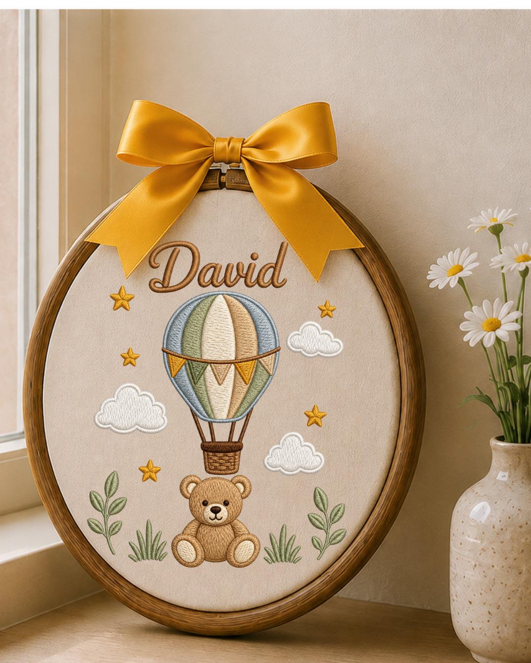 Personalized Teddy Bear Embroidery Hoop, Custom Baby Name Ornament, Hot Air Balloon Nursery Decor, Baby Boy Room Sign, Newborn Keepsake Gift