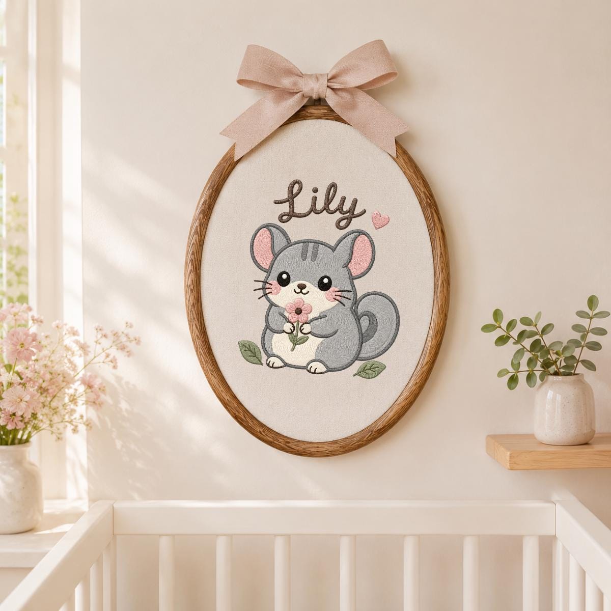 Personalized Chinchilla Embroidered Hoop Art, Woodland Nursery Decor
