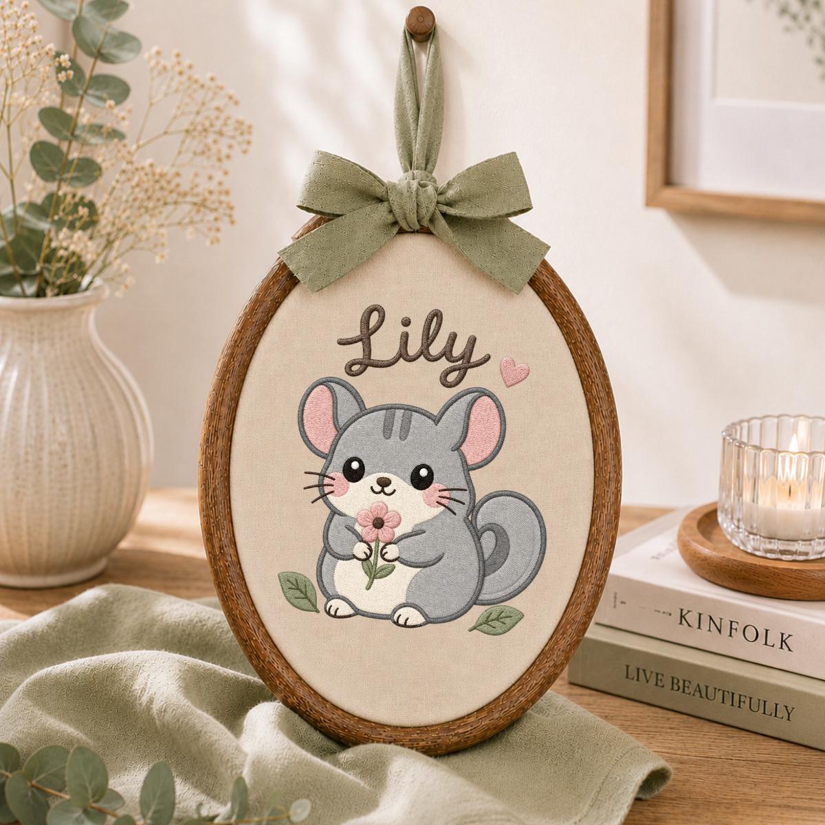 Personalized Chinchilla Embroidered Hoop Art, Woodland Nursery Decor