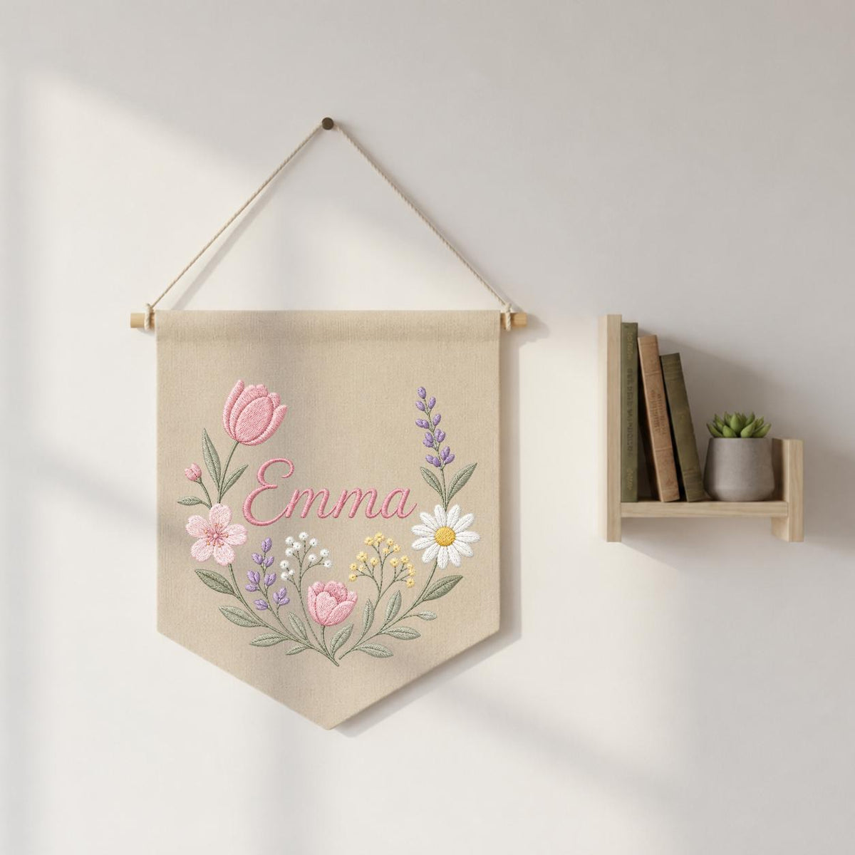 Personalized Embroidered Wildflower Name Banner, Floral Nursery Wall Decor