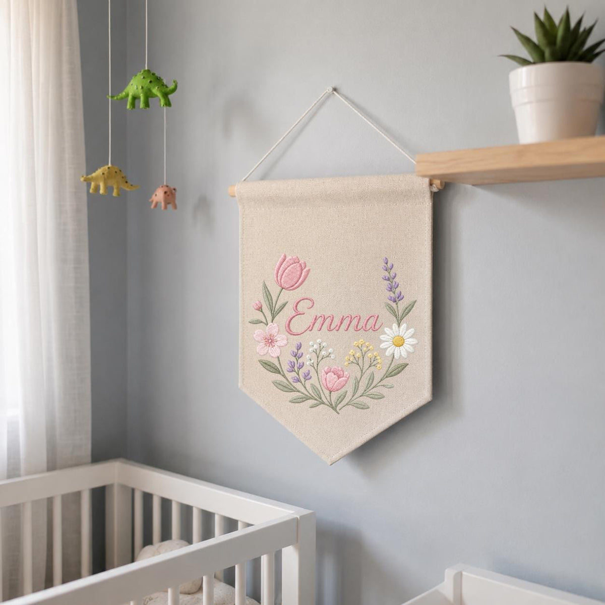 Personalized Embroidered Wildflower Name Banner, Floral Nursery Wall Decor