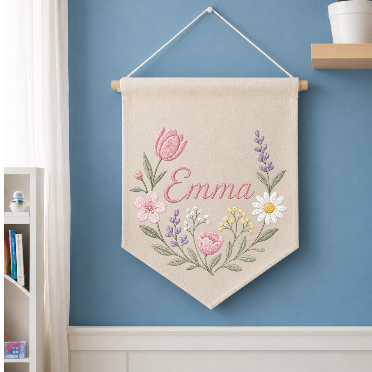 Personalized Embroidered Wildflower Name Banner, Floral Nursery Wall Decor