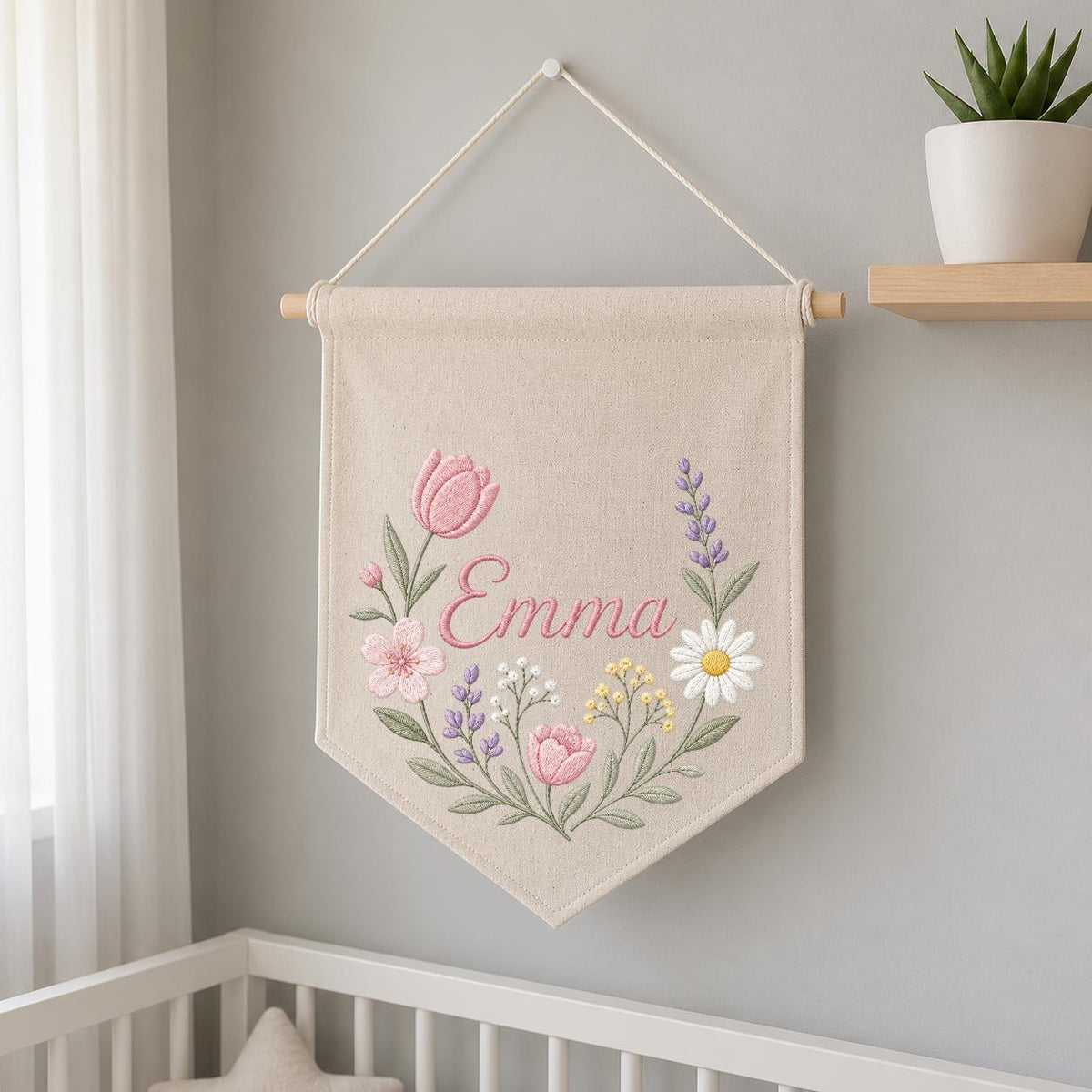 Personalized Embroidered Wildflower Name Banner, Floral Nursery Wall Decor
