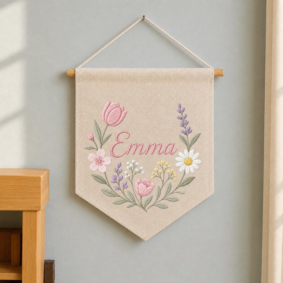 Personalized Embroidered Wildflower Name Banner, Floral Nursery Wall Decor