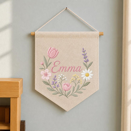 Personalized Embroidered Wildflower Name Banner, Floral Nursery Wall Decor