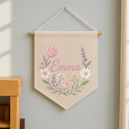 Personalized Embroidered Wildflower Name Banner, Floral Nursery Wall Decor