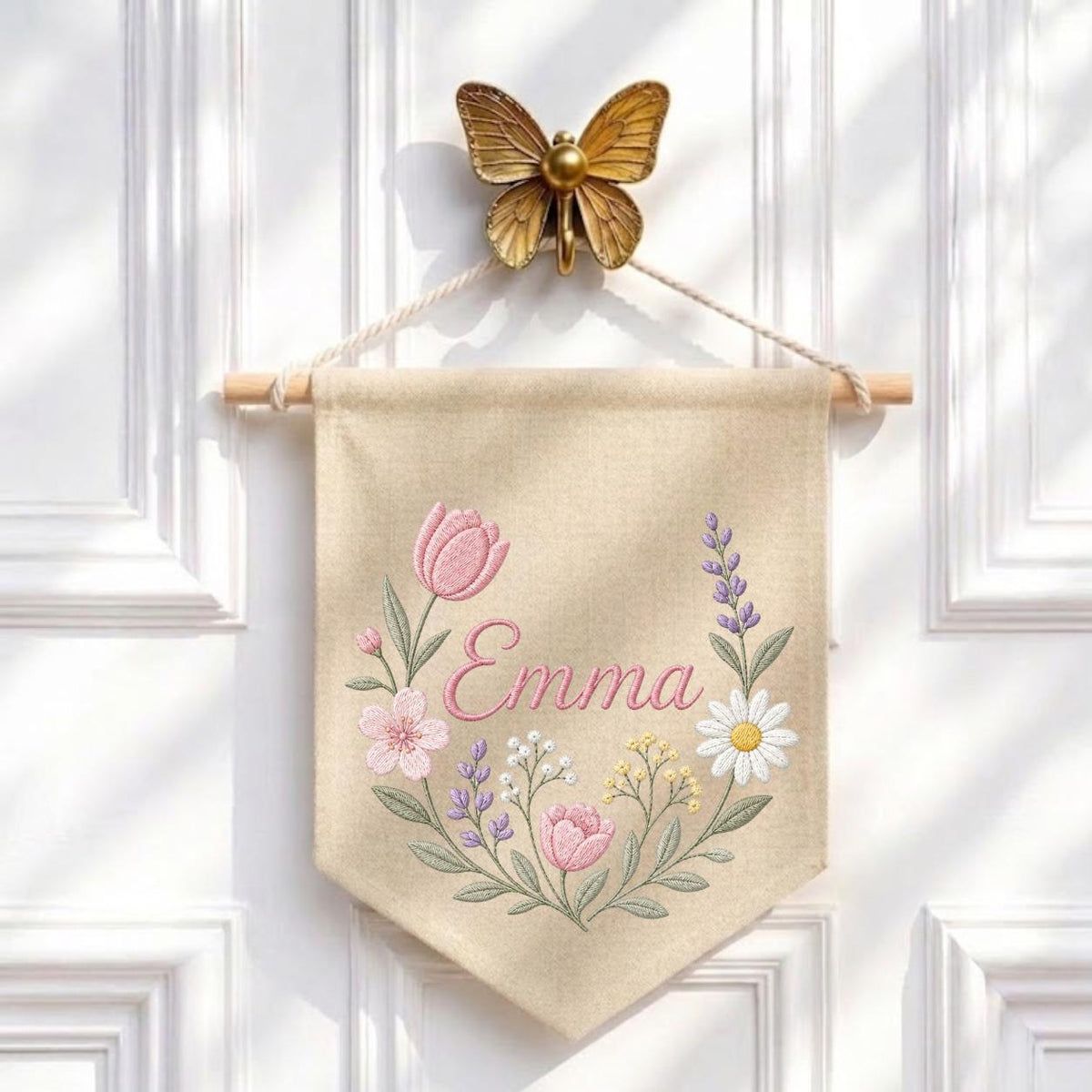 Personalized Embroidered Wildflower Name Banner, Floral Nursery Wall Decor