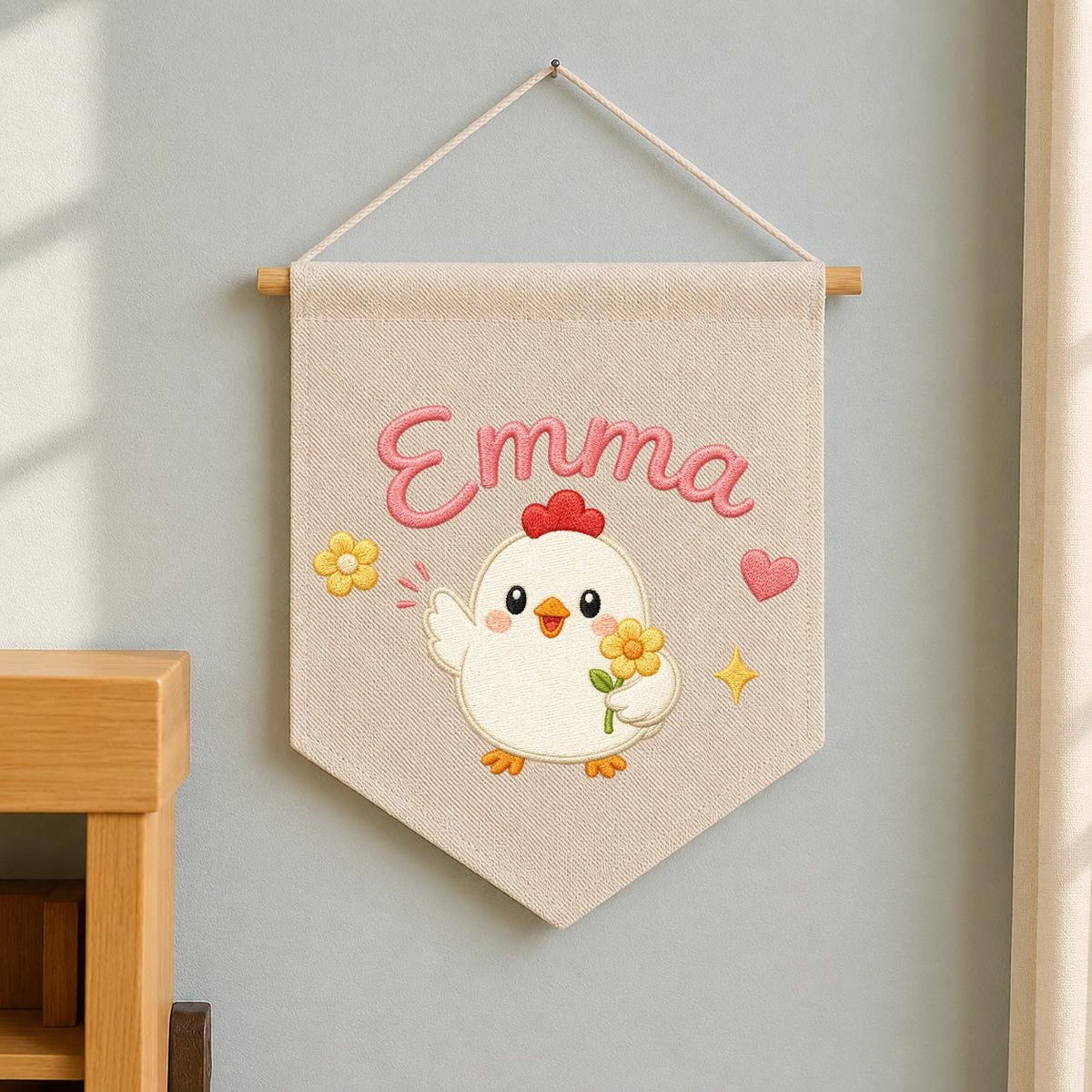 Personalized Embroidered Chicken Name Banner, Farmhouse Nursery Wall Hanging