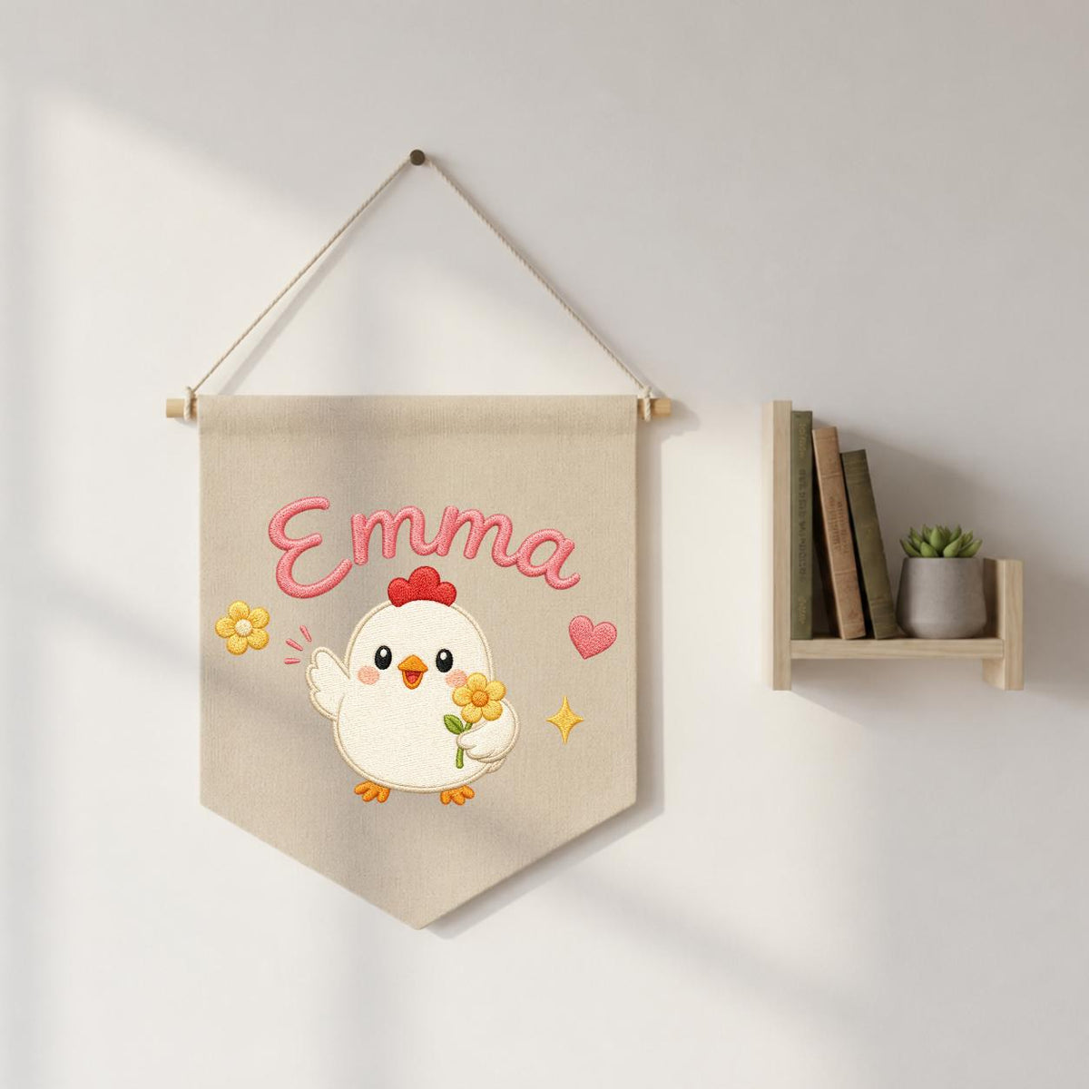 Personalized Embroidered Chicken Name Banner, Farmhouse Nursery Wall Hanging