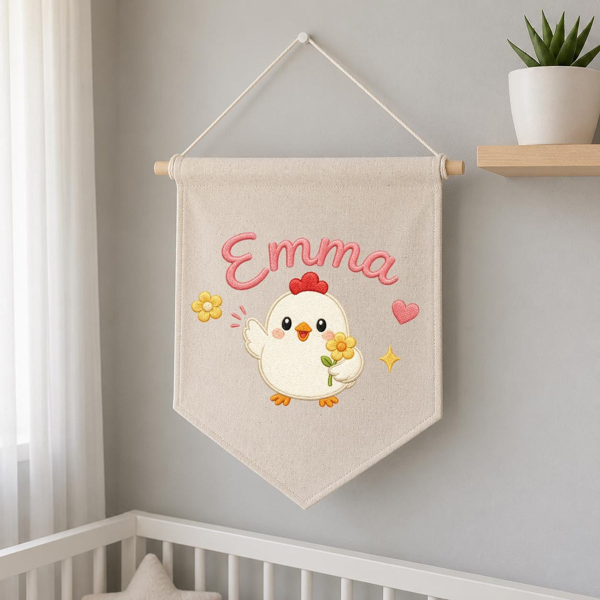 Personalized Embroidered Chicken Name Banner, Farmhouse Nursery Wall Hanging