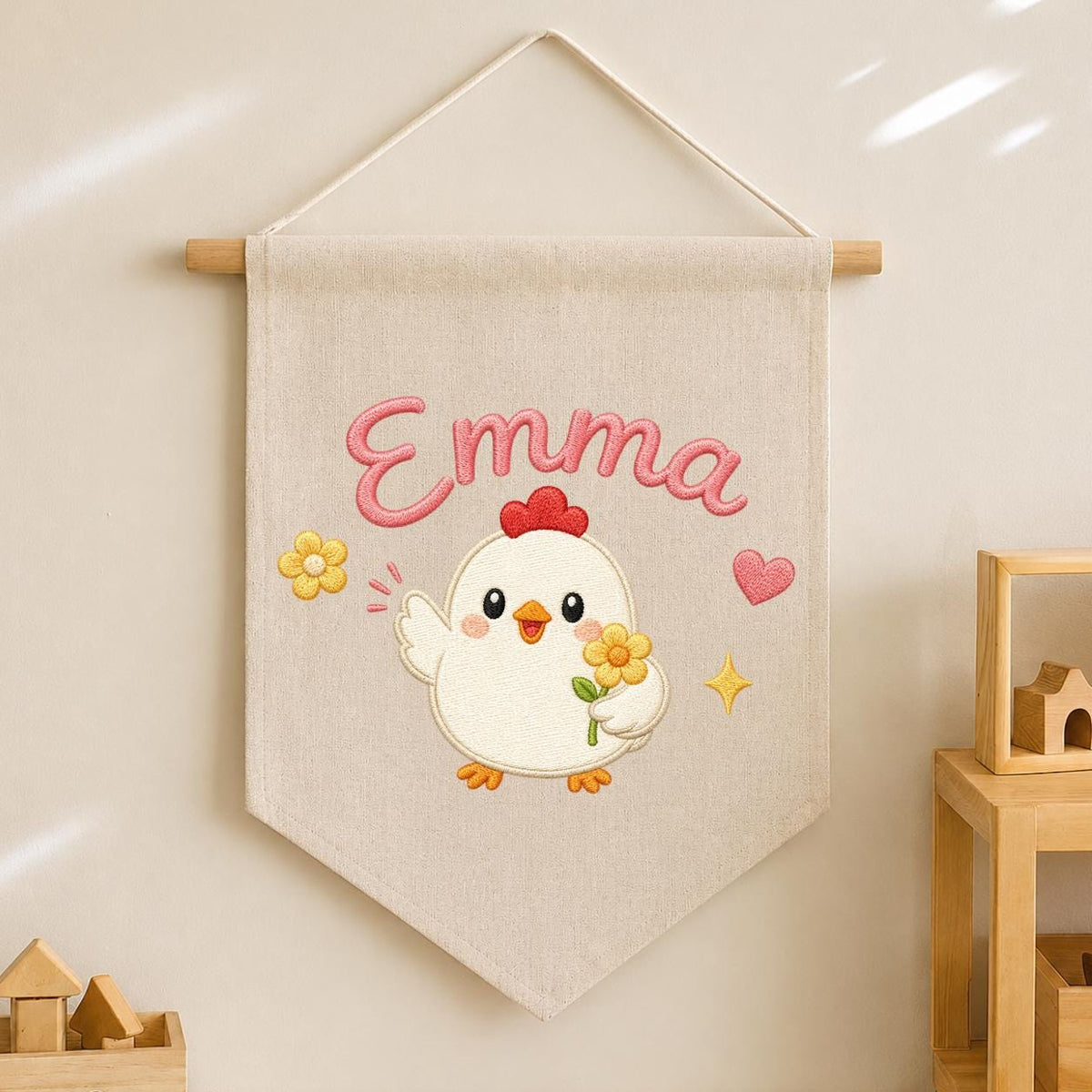 Personalized Embroidered Chicken Name Banner, Farmhouse Nursery Wall Hanging