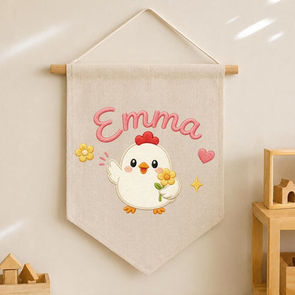 Personalized Embroidered Chicken Name Banner, Farmhouse Nursery Wall Hanging