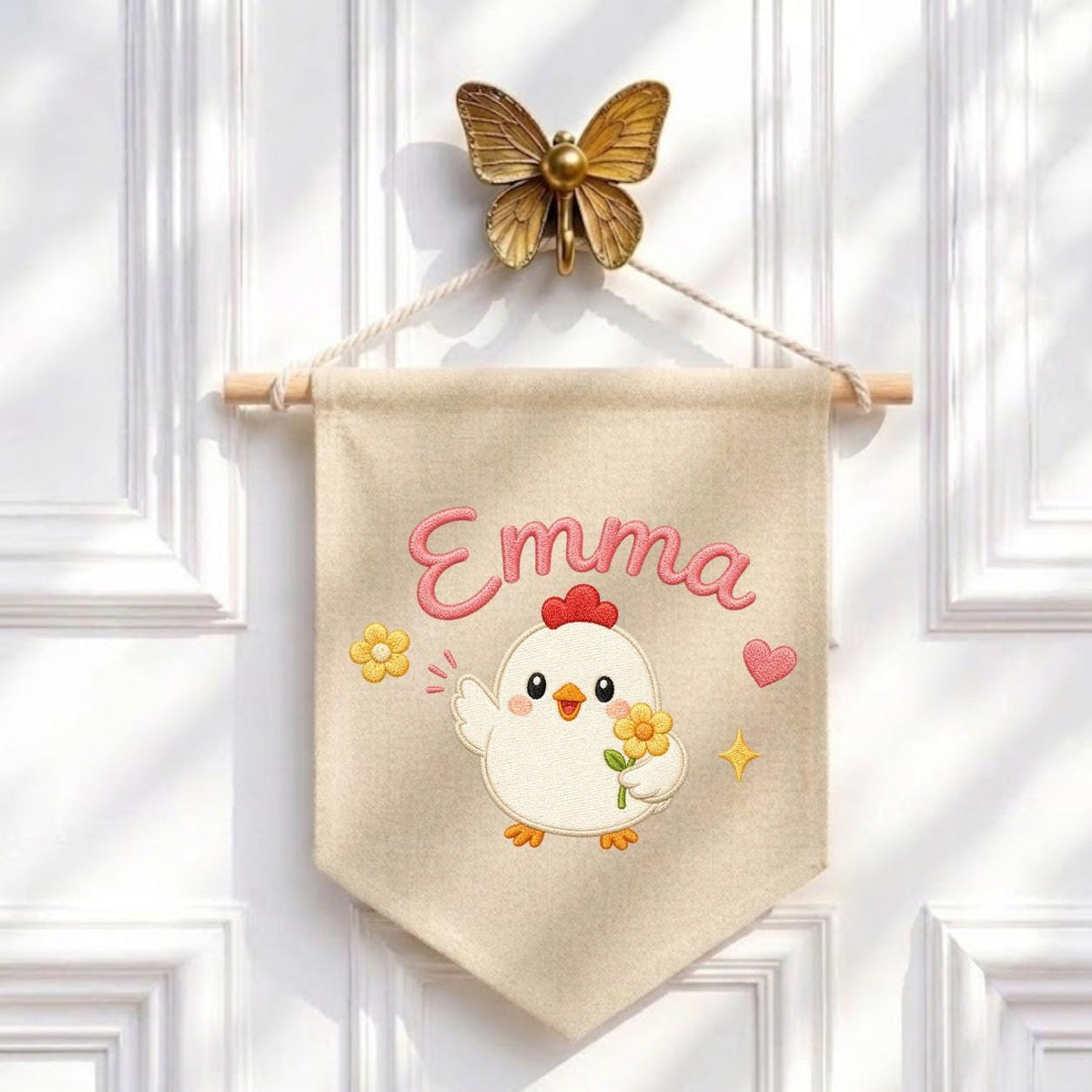 Personalized Embroidered Chicken Name Banner, Farmhouse Nursery Wall Hanging