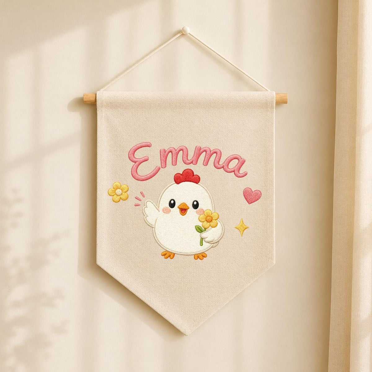 Personalized Embroidered Chicken Name Banner, Farmhouse Nursery Wall Hanging