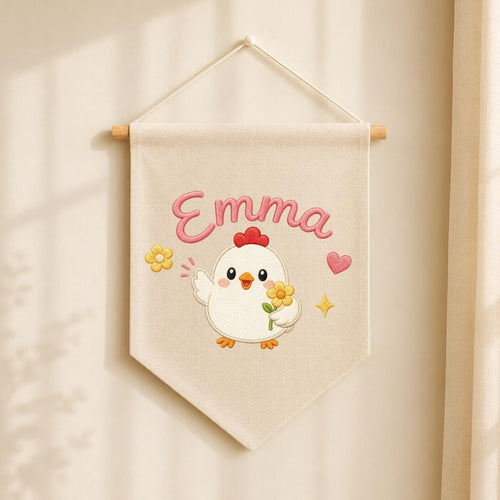 Personalized Embroidered Chicken Name Banner, Farmhouse Nursery Wall Hanging