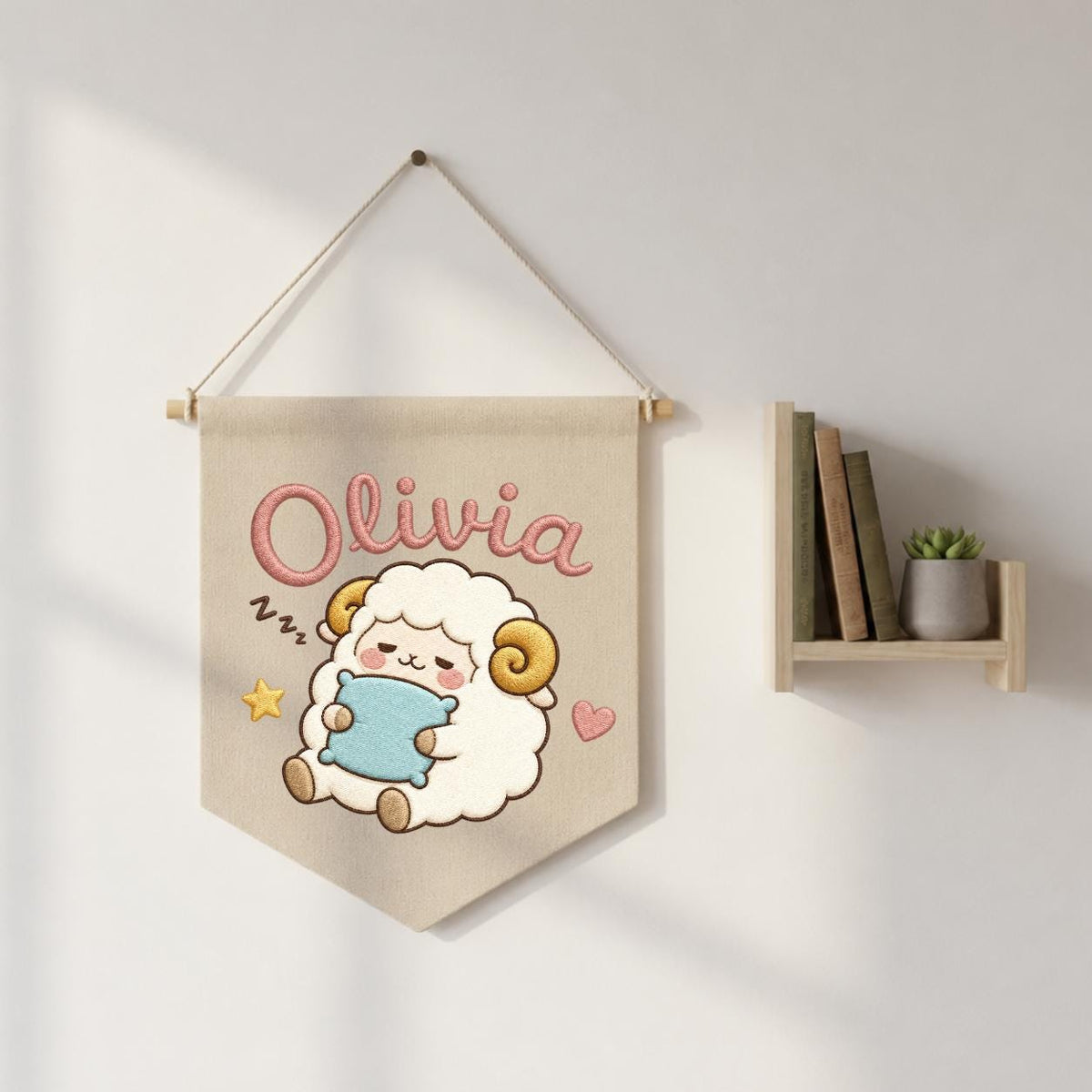 Personalized Sheep Embroidered Pennant Banner, Nursery Name Wall Hanging