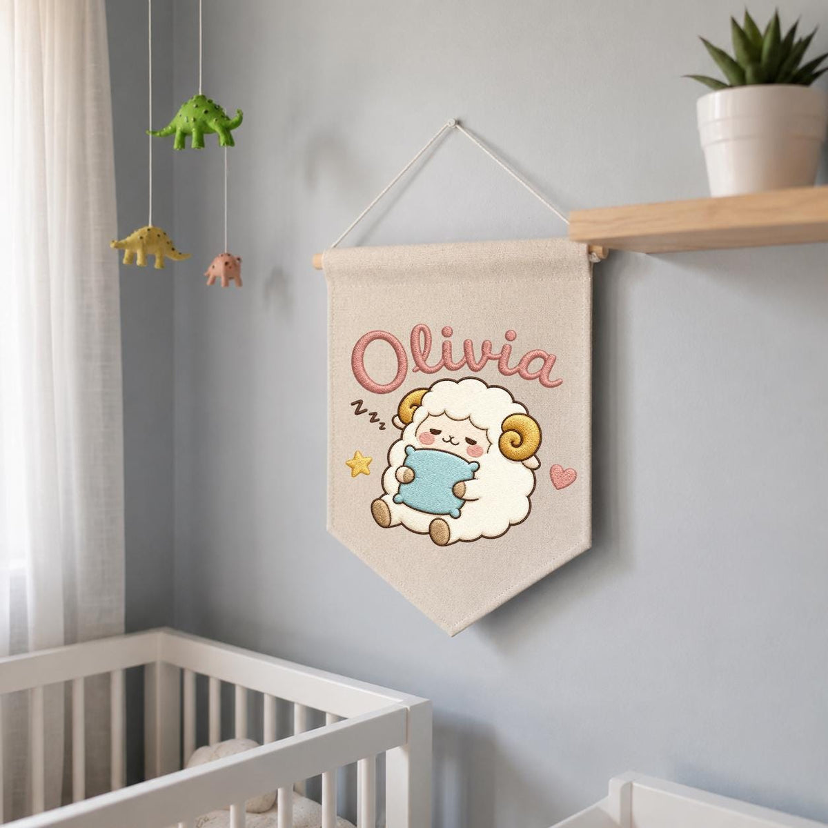 Personalized Sheep Embroidered Pennant Banner, Nursery Name Wall Hanging