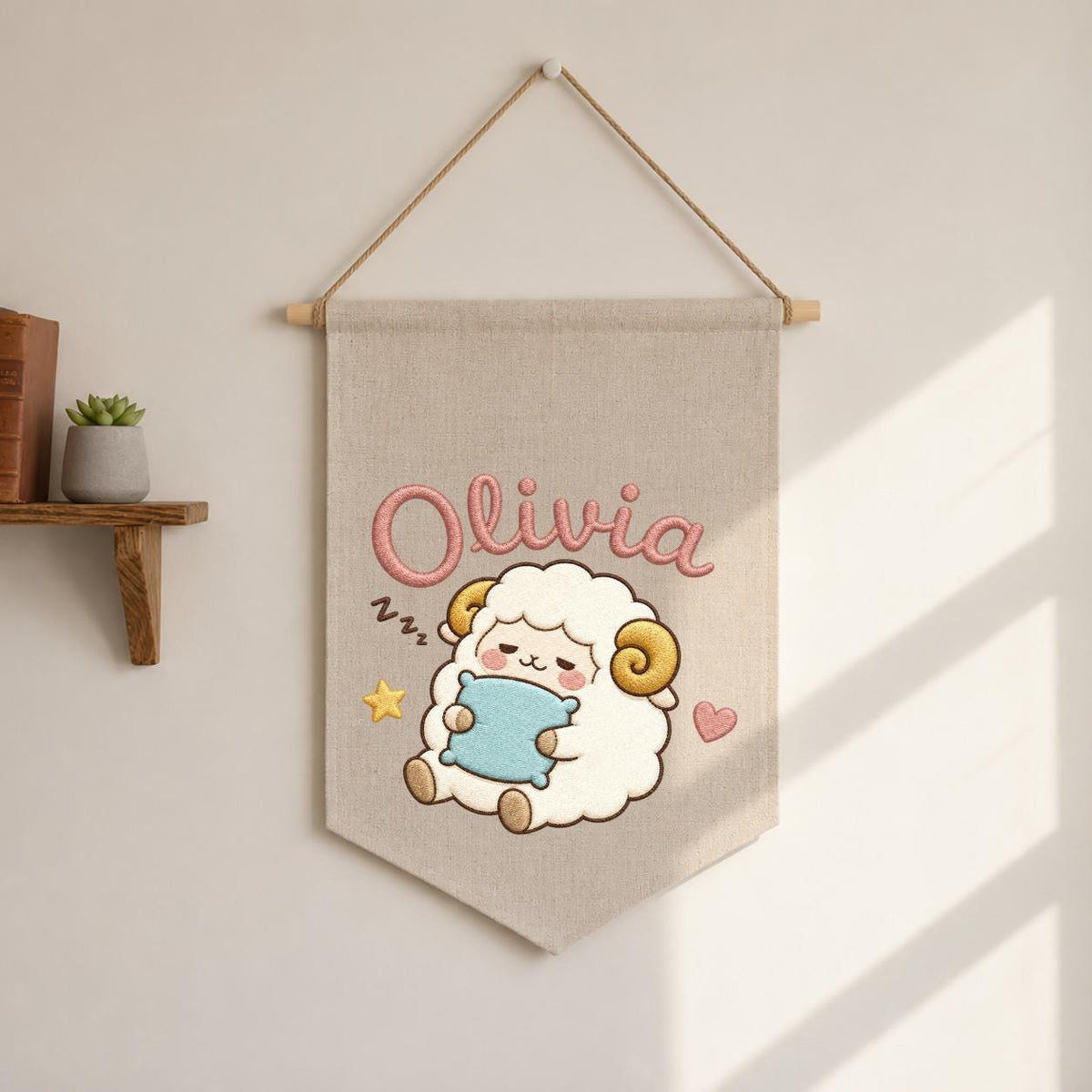 Personalized Sheep Embroidered Pennant Banner, Nursery Name Wall Hanging