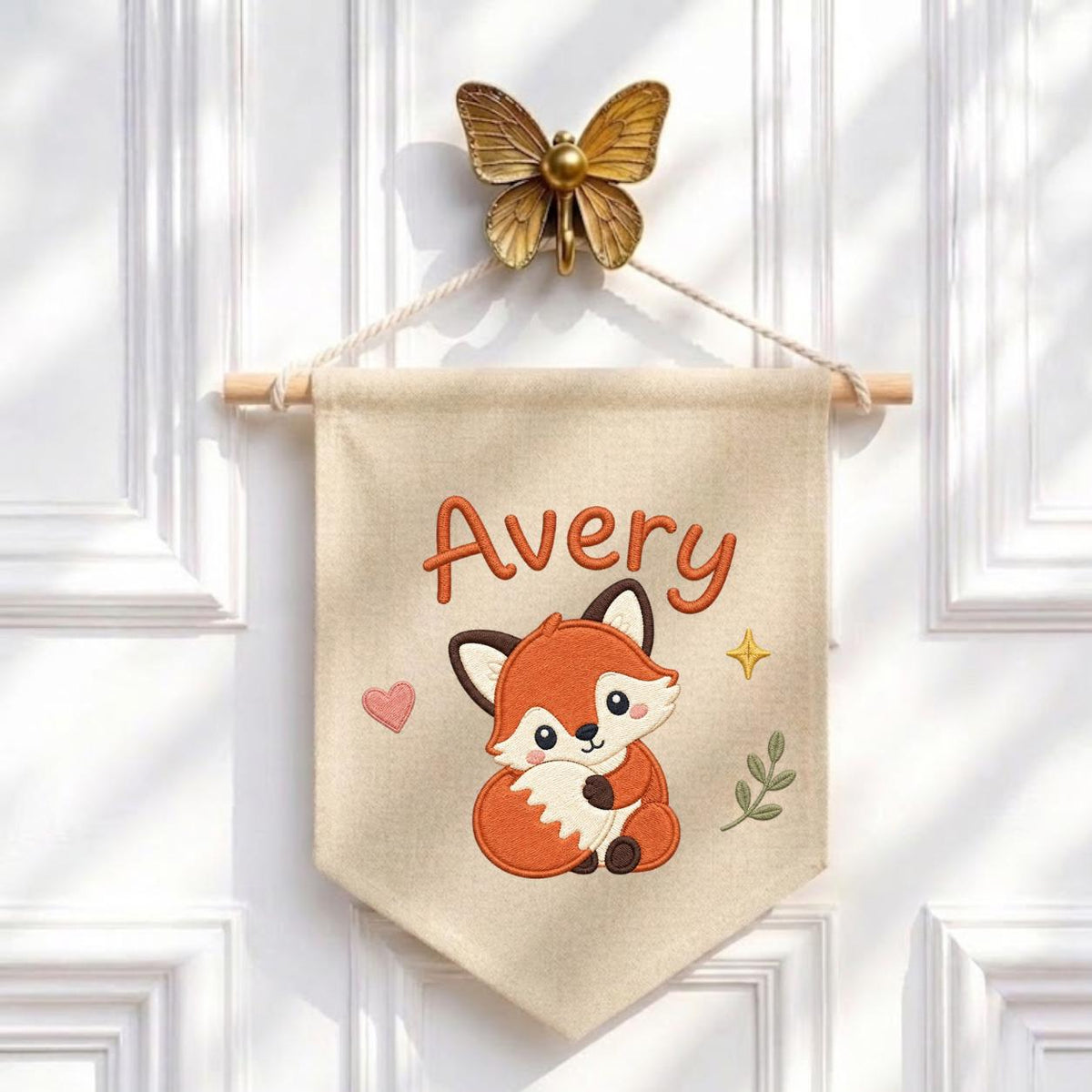Personalized Embroidered Fox Name Banner, Woodland Nursery Wall Hanging