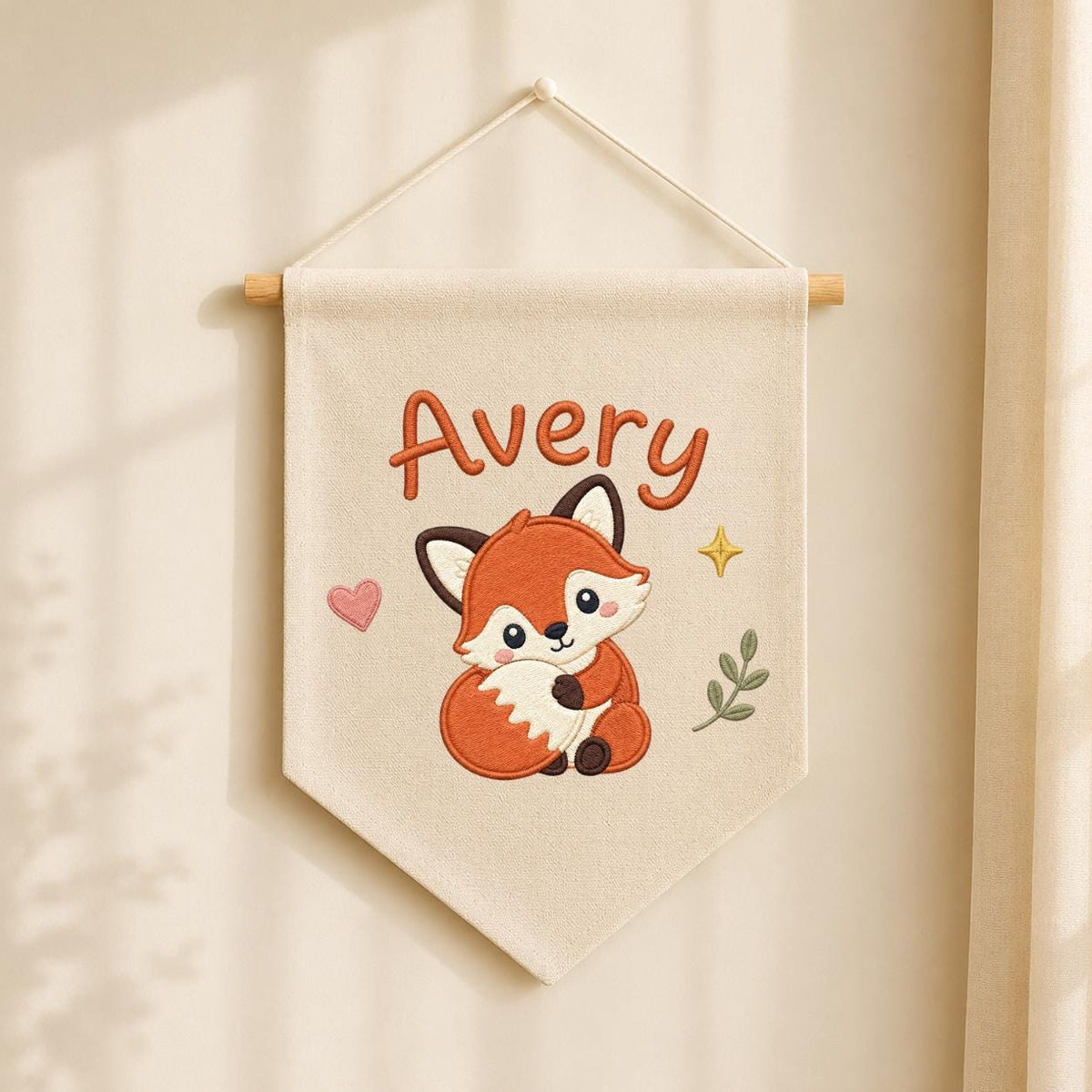 Personalized Embroidered Fox Name Banner, Woodland Nursery Wall Hanging