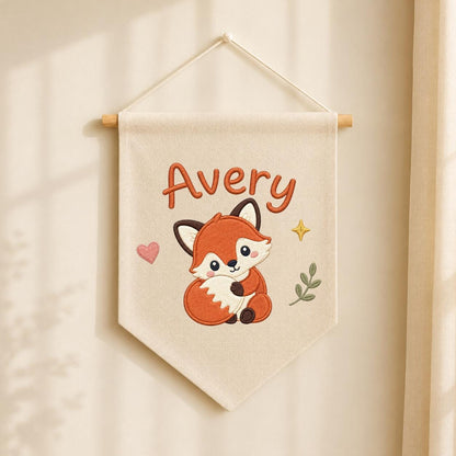 Personalized Embroidered Fox Name Banner, Woodland Nursery Wall Hanging