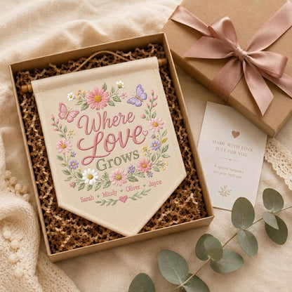 May include: A cream-colored fabric wall banner featuring embroidered floral wreaths, butterflies, and the text "Where Love Grows" with the names "Sarah", "Mindy", "Oliver", and "Jayce" below, presented in a gift box with a ribbon and a note.