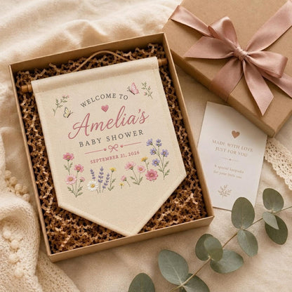 May include: A cream-colored fabric banner with wooden dowels, featuring the text 'WELCOME TO Amelia's BABY SHOWER SEPTEMBER 21, 2026' and floral illustrations, presented in a gift box with a matching card and a satin ribbon bow.
