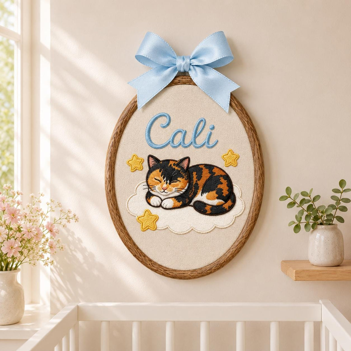 Personalized Calico Cat Embroidery Hoop Art, Custom Name Cloud Nursery Decor Cali Cat Gift