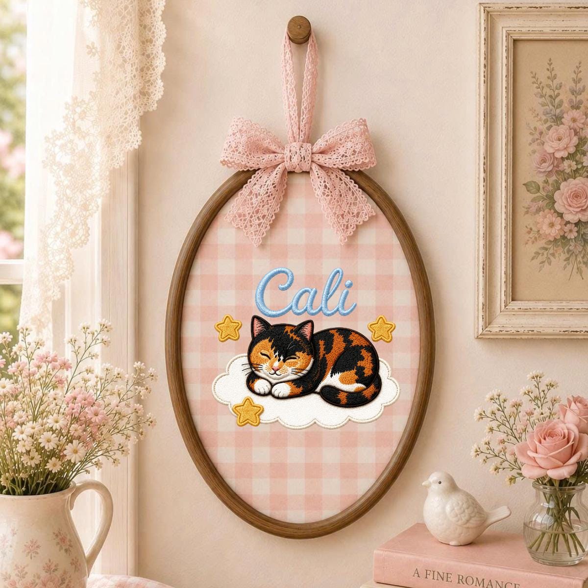 Personalized Calico Cat Embroidery Hoop Art, Custom Name Cloud Nursery Decor Cali Cat Gift