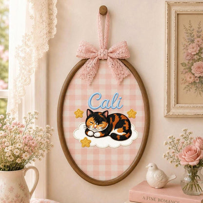 Personalized Calico Cat Embroidery Hoop Art, Custom Name Cloud Nursery Decor Cali Cat Gift