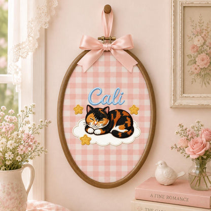 Personalized Calico Cat Embroidery Hoop Art, Custom Name Cloud Nursery Decor Cali Cat Gift