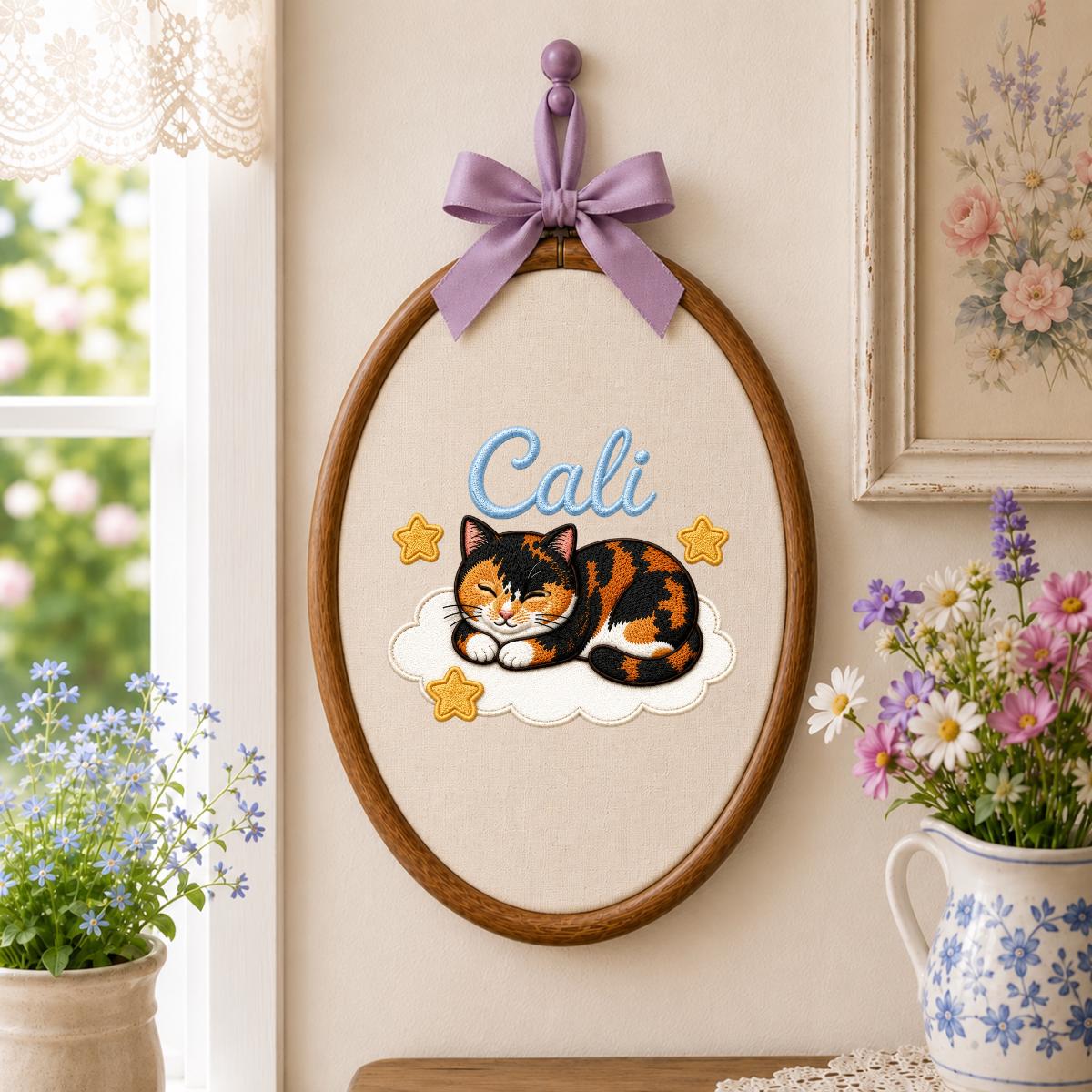Personalized Calico Cat Embroidery Hoop Art, Custom Name Cloud Nursery Decor Cali Cat Gift